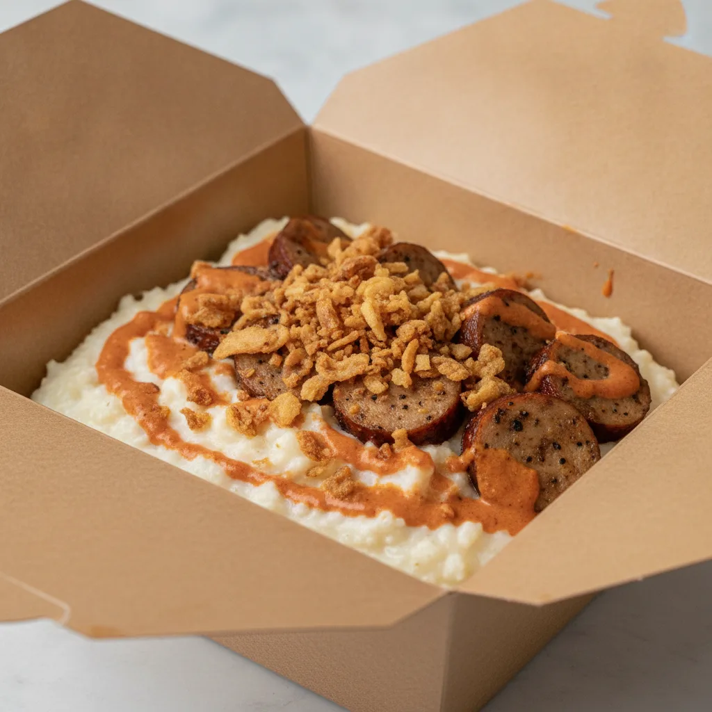 Coconut Cheesy Grits Box - Crispy Onion , Chicken Sausage , Adobo Cream