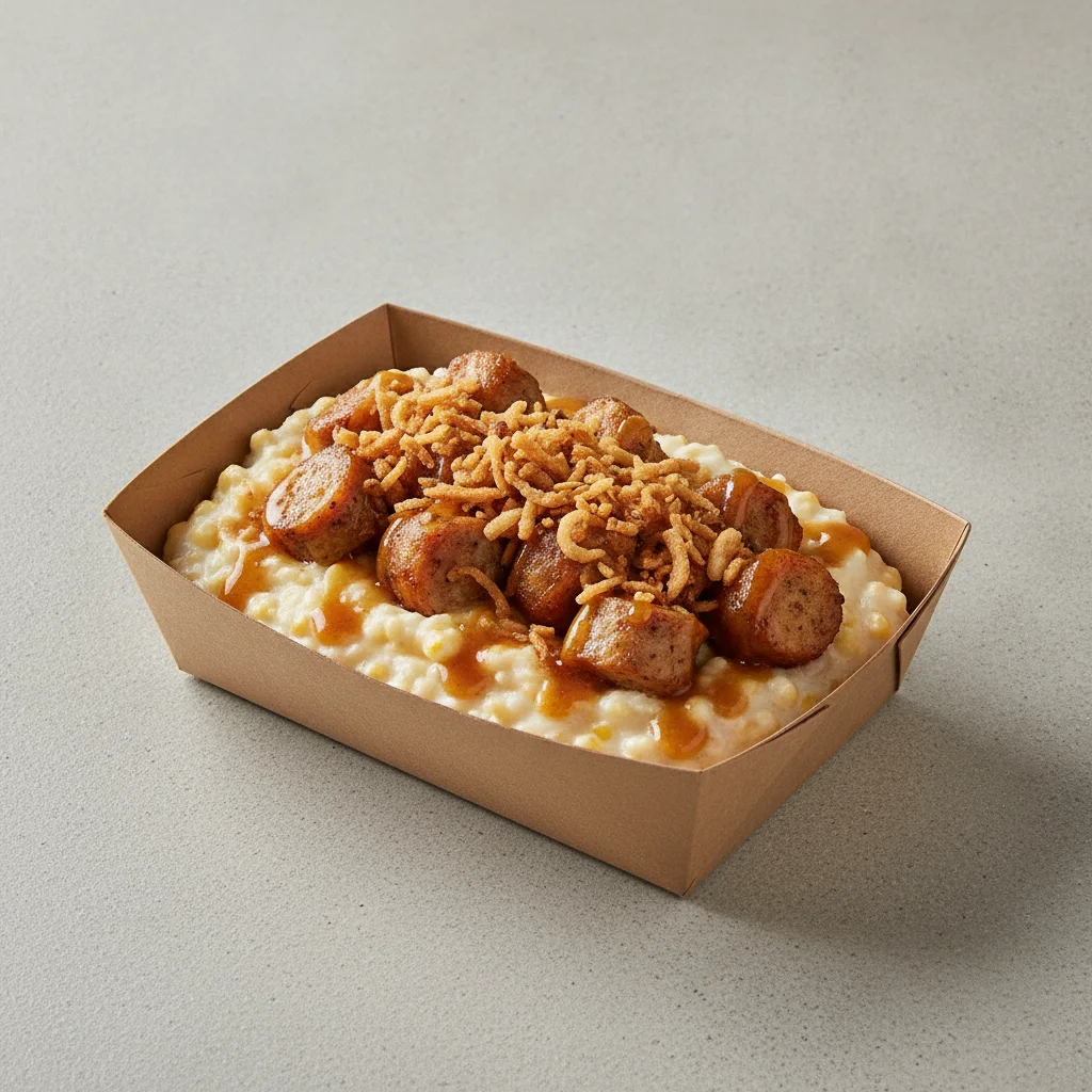 Coconut Cheesy Grits Box - Crispy Onion , Chicken Sausage , Honey Garlic Sauce