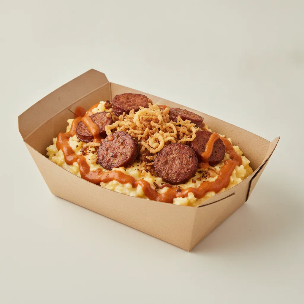 Coconut Cheesy Grits Box - Crispy Onion , Andouille Sausage , Adobo Cream