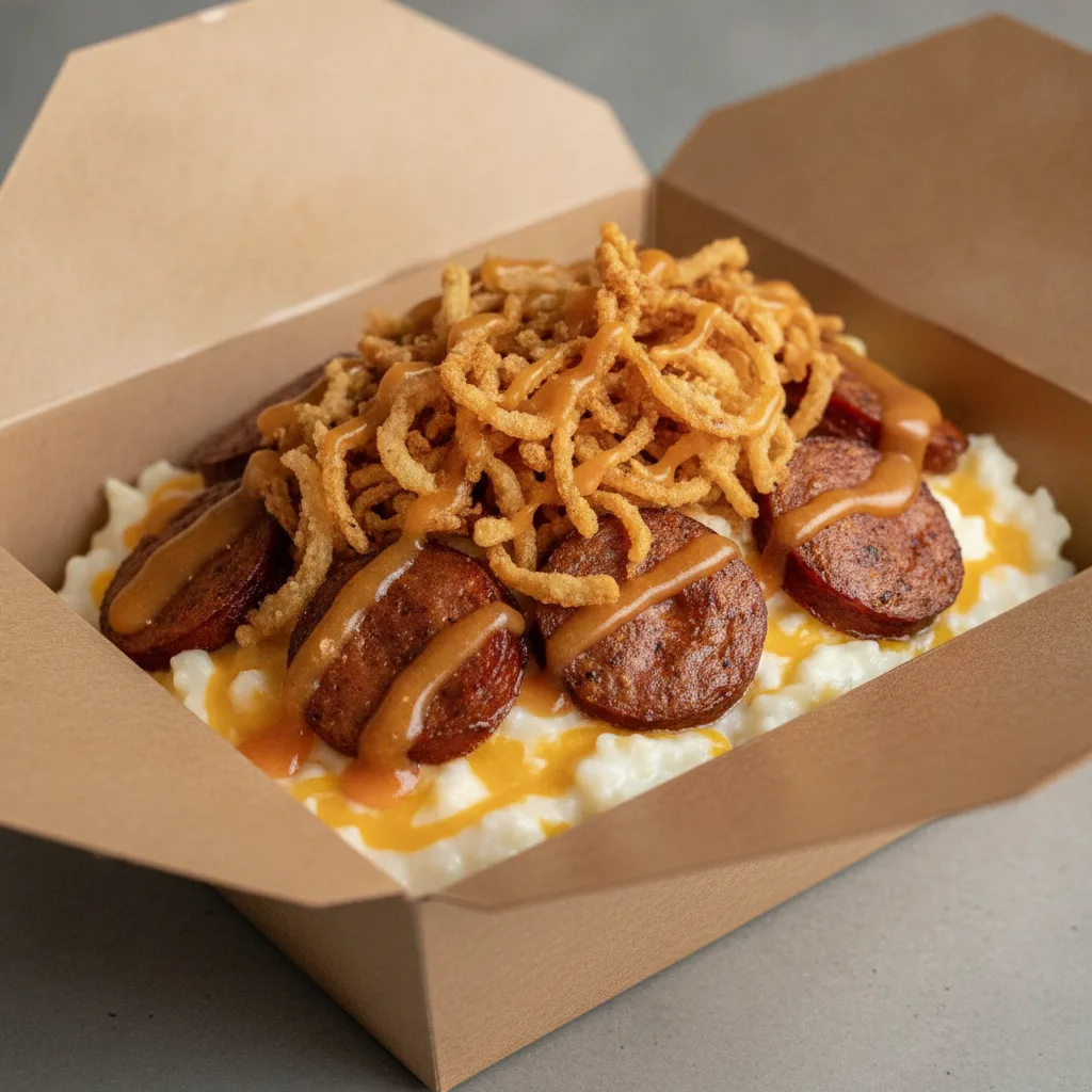 Coconut Cheesy Grits Box - Crispy Onion , Andouille Sausage , Honey Garlic Sauce