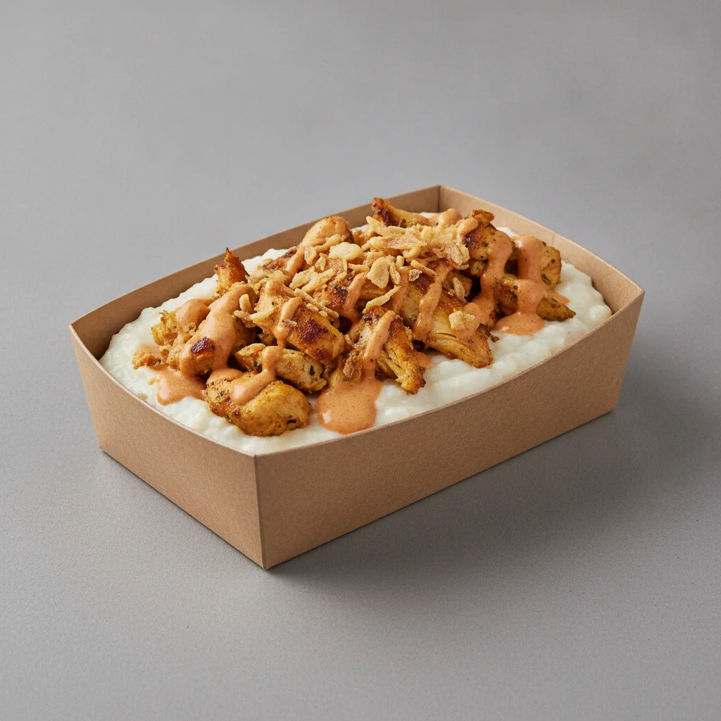 Coconut Cheesy Grits Box - Crispy Onion , Moroccan Chicken , Adobo Cream