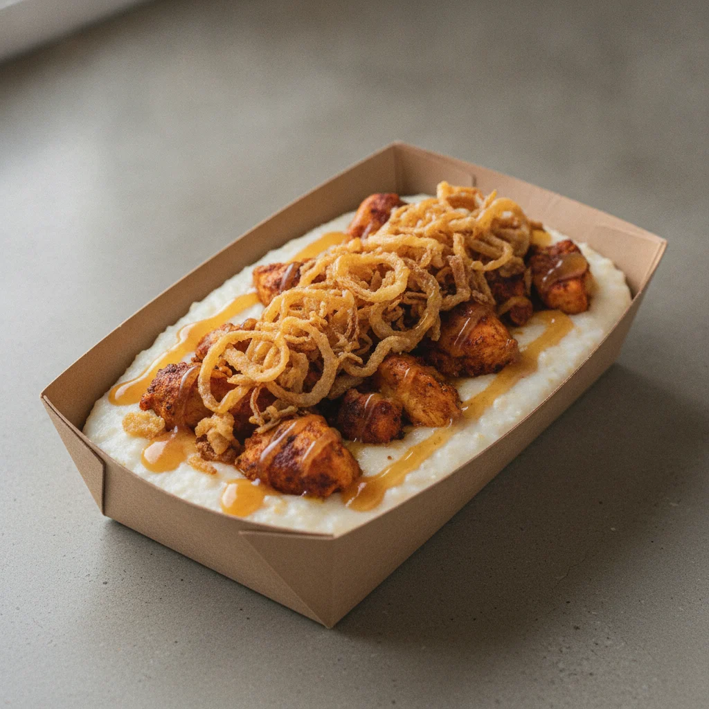 Coconut Cheesy Grits Box - Crispy Onion , Moroccan Chicken , Honey Garlic Sauce