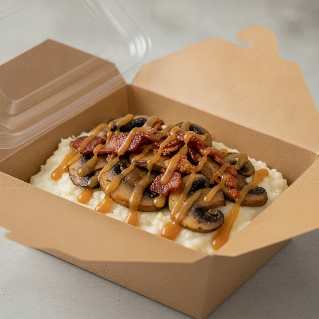 Coconut Cheesy Grits Box - Mushrooms , Bacon , Honey Garlic Sauce