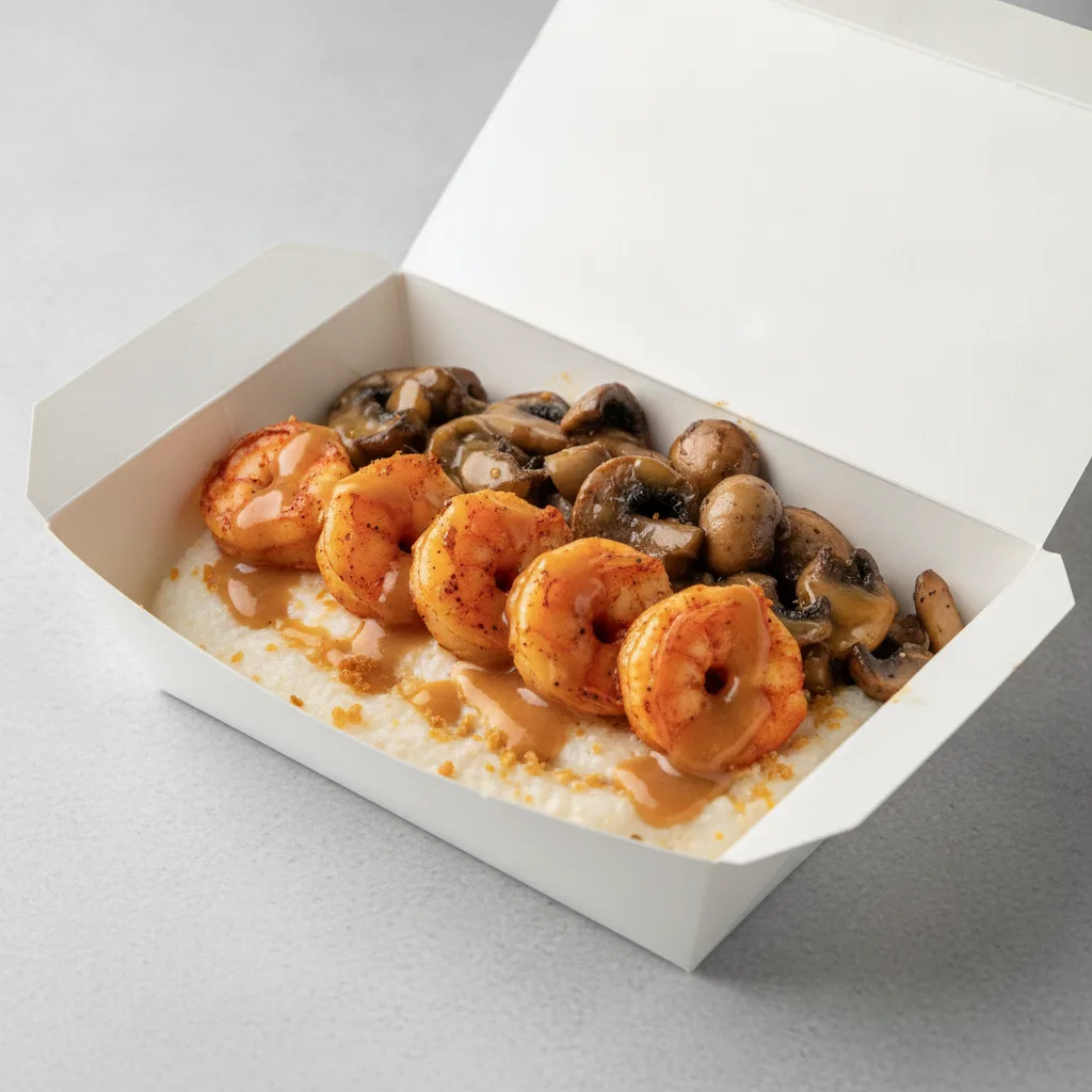 Coconut Cheesy Grits Box - Mushrooms , Adobo Shrimp , Honey Garlic Sauce