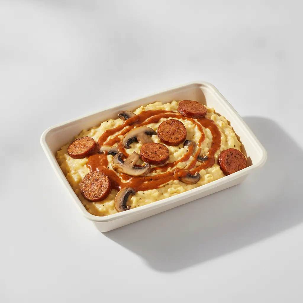 Coconut Cheesy Grits Box - Mushrooms , Chicken Sausage , Adobo Cream