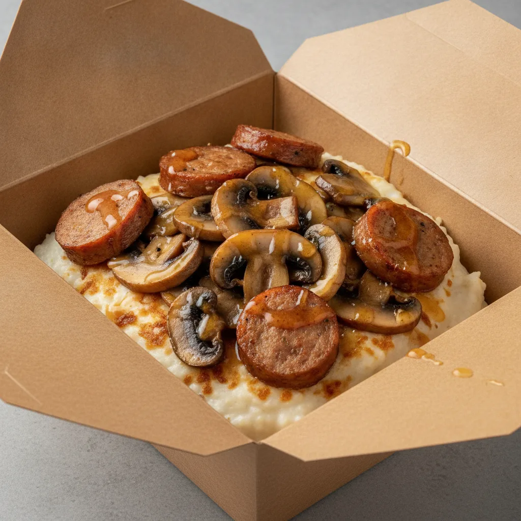 Coconut Cheesy Grits Box - Mushrooms , Chicken Sausage , Honey Garlic Sauce