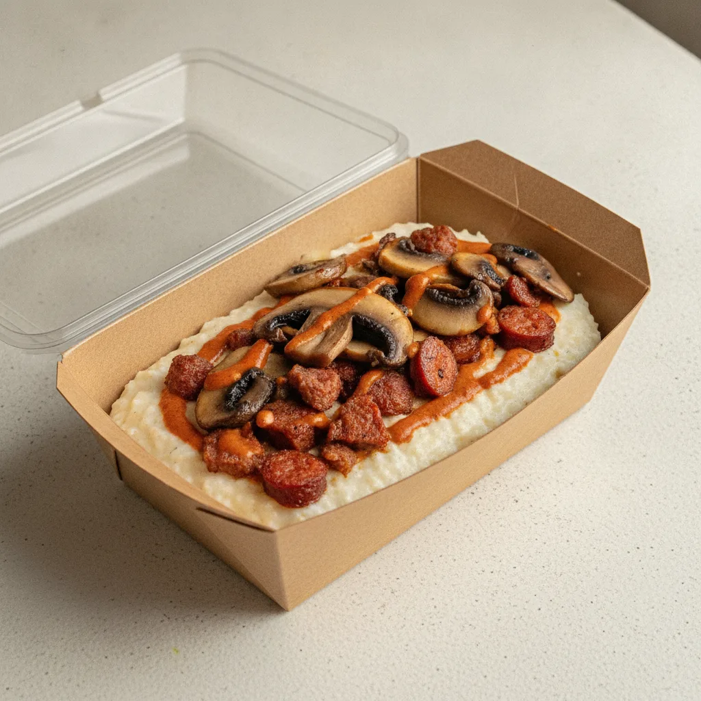 Coconut Cheesy Grits Box - Mushrooms , Andouille Sausage , Adobo Cream