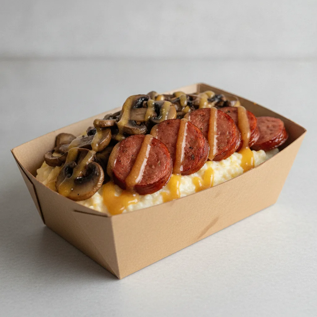 Coconut Cheesy Grits Box - Mushrooms , Andouille Sausage , Honey Garlic Sauce