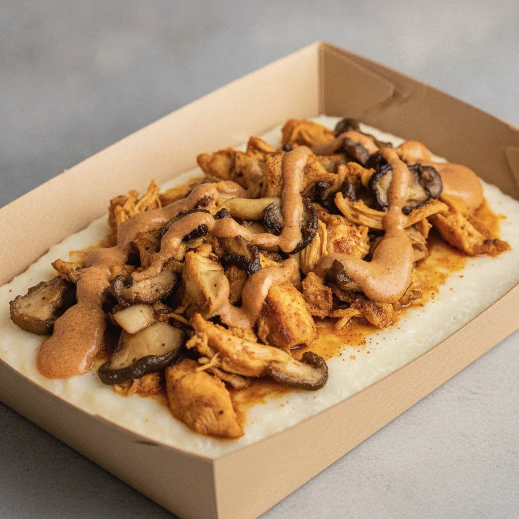 Coconut Cheesy Grits Box - Mushrooms , Moroccan Chicken , Adobo Cream
