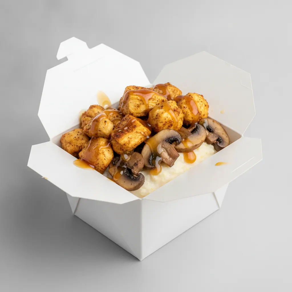 Coconut Cheesy Grits Box - Mushrooms , Moroccan Chicken , Honey Garlic Sauce