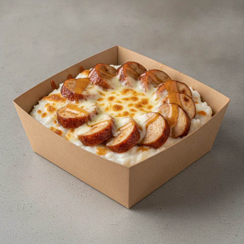Coconut Cheesy Grits Box - Mozzarella Cheese , Chicken Sausage , Honey Garlic Sauce