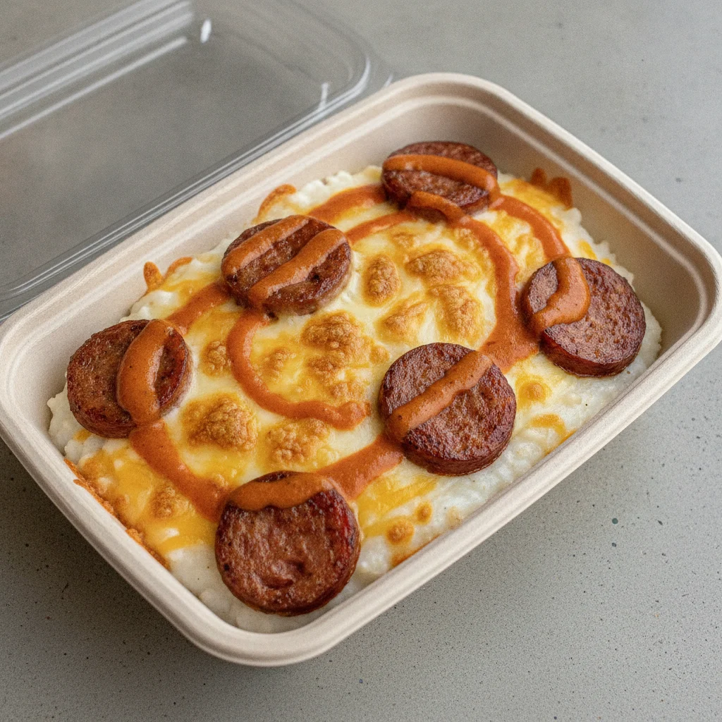 Coconut Cheesy Grits Box - Mozzarella Cheese , Andouille Sausage , Adobo Cream