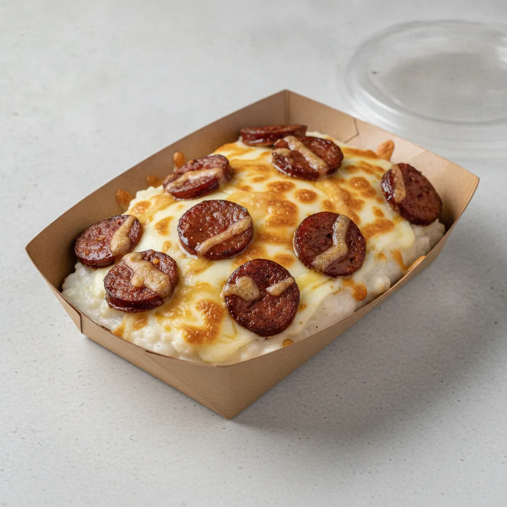 Coconut Cheesy Grits Box - Mozzarella Cheese , Andouille Sausage , Honey Garlic Sauce