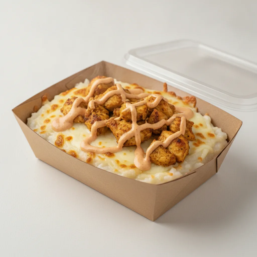 Coconut Cheesy Grits Box - Mozzarella Cheese , Moroccan Chicken , Adobo Cream