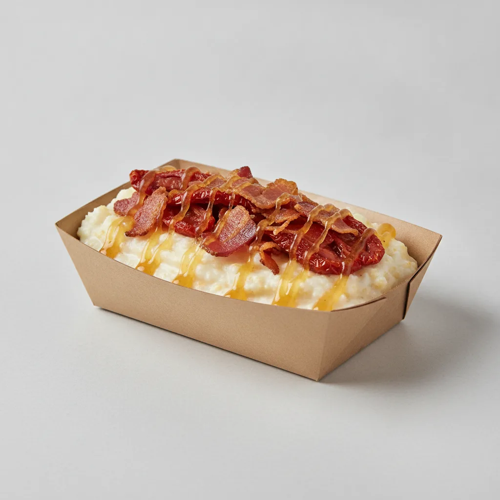 Coconut Cheesy Grits Box - Sundried Tomatoes , Bacon , Honey Garlic Sauce
