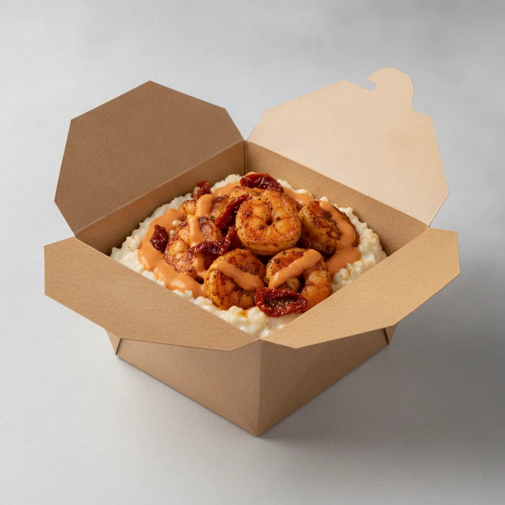 Coconut Cheesy Grits Box - Sundried Tomatoes , Adobo Shrimp , Adobo Cream