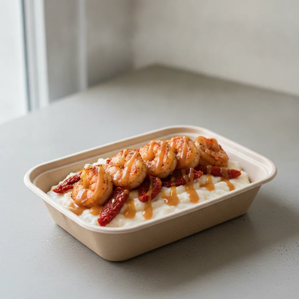 Coconut Cheesy Grits Box - Sundried Tomatoes , Adobo Shrimp , Honey Garlic Sauce
