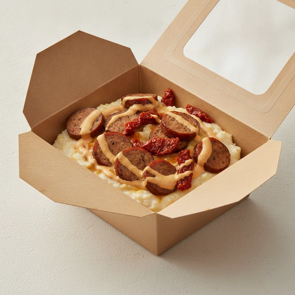 Coconut Cheesy Grits Box - Sundried Tomatoes , Chicken Sausage , Adobo Cream