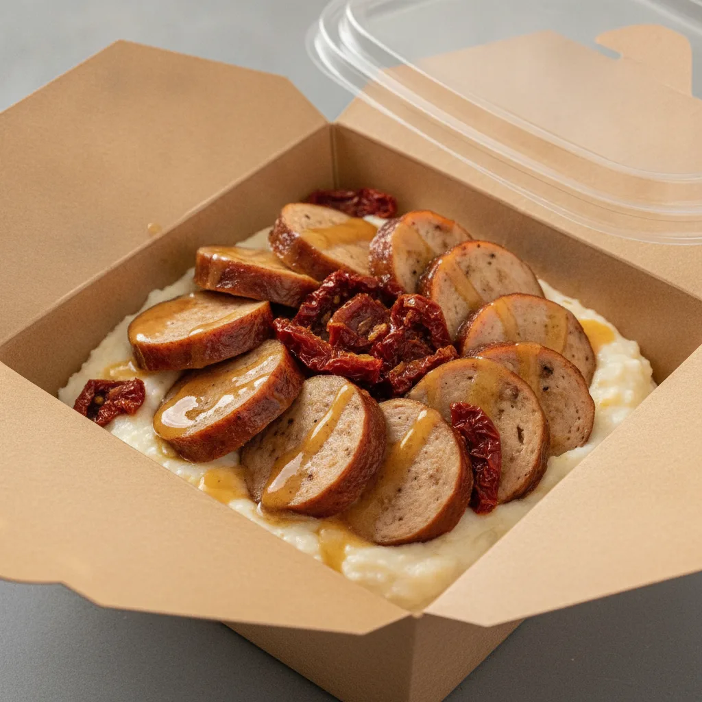 Coconut Cheesy Grits Box - Sundried Tomatoes , Chicken Sausage , Honey Garlic Sauce
