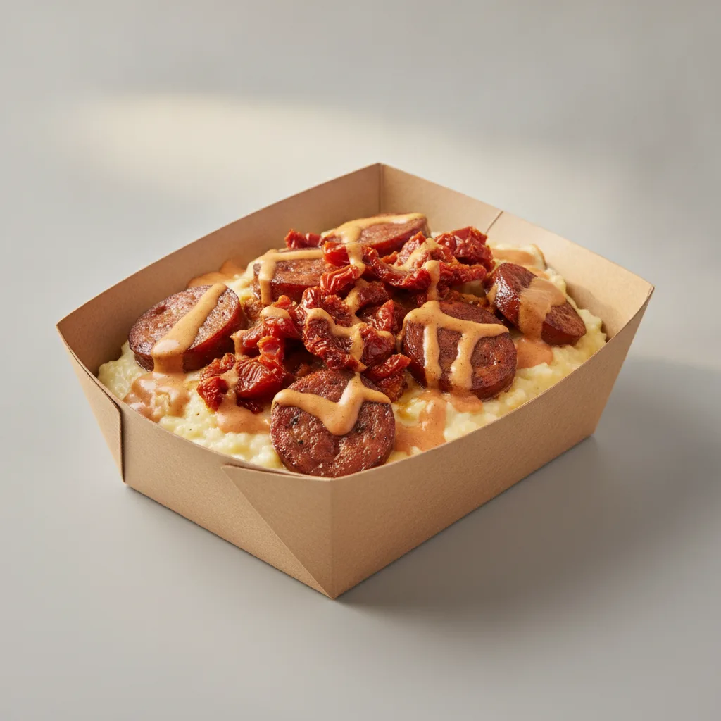 Coconut Cheesy Grits Box - Sundried Tomatoes , Andouille Sausage , Adobo Cream