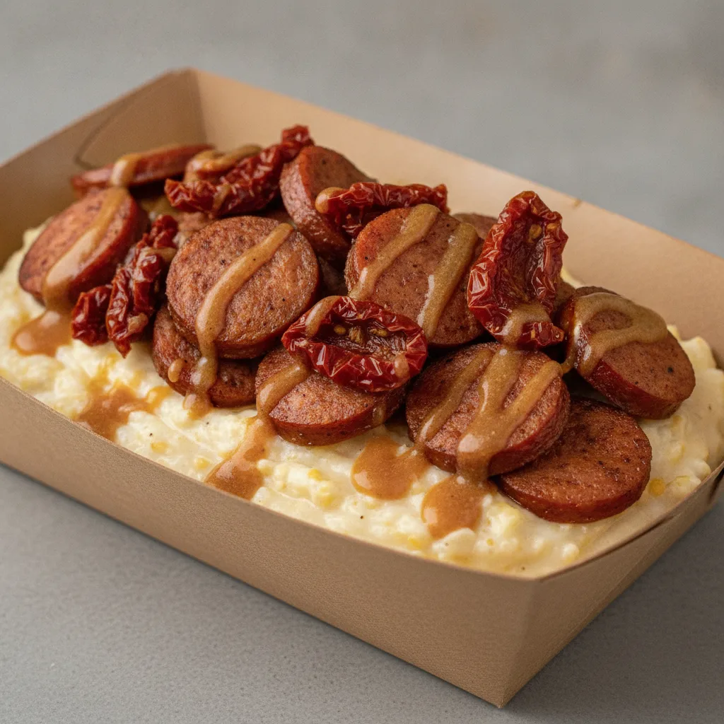 Coconut Cheesy Grits Box - Sundried Tomatoes , Andouille Sausage , Honey Garlic Sauce