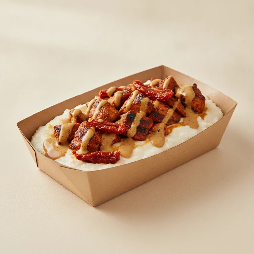 Coconut Cheesy Grits Box - Sundried Tomatoes , Moroccan Chicken , Adobo Cream
