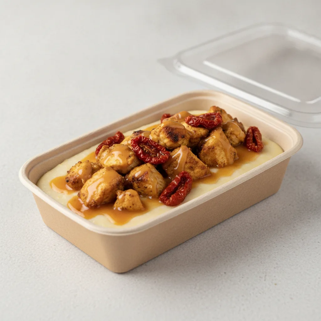 Coconut Cheesy Grits Box - Sundried Tomatoes , Moroccan Chicken , Honey Garlic Sauce