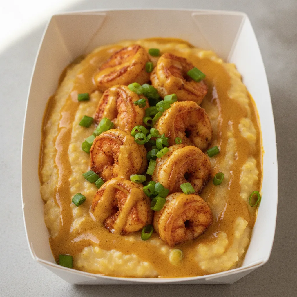 Coconut Curry Grits Box - Green Onion , Adobo Shrimp , Coconut Curry Sauce