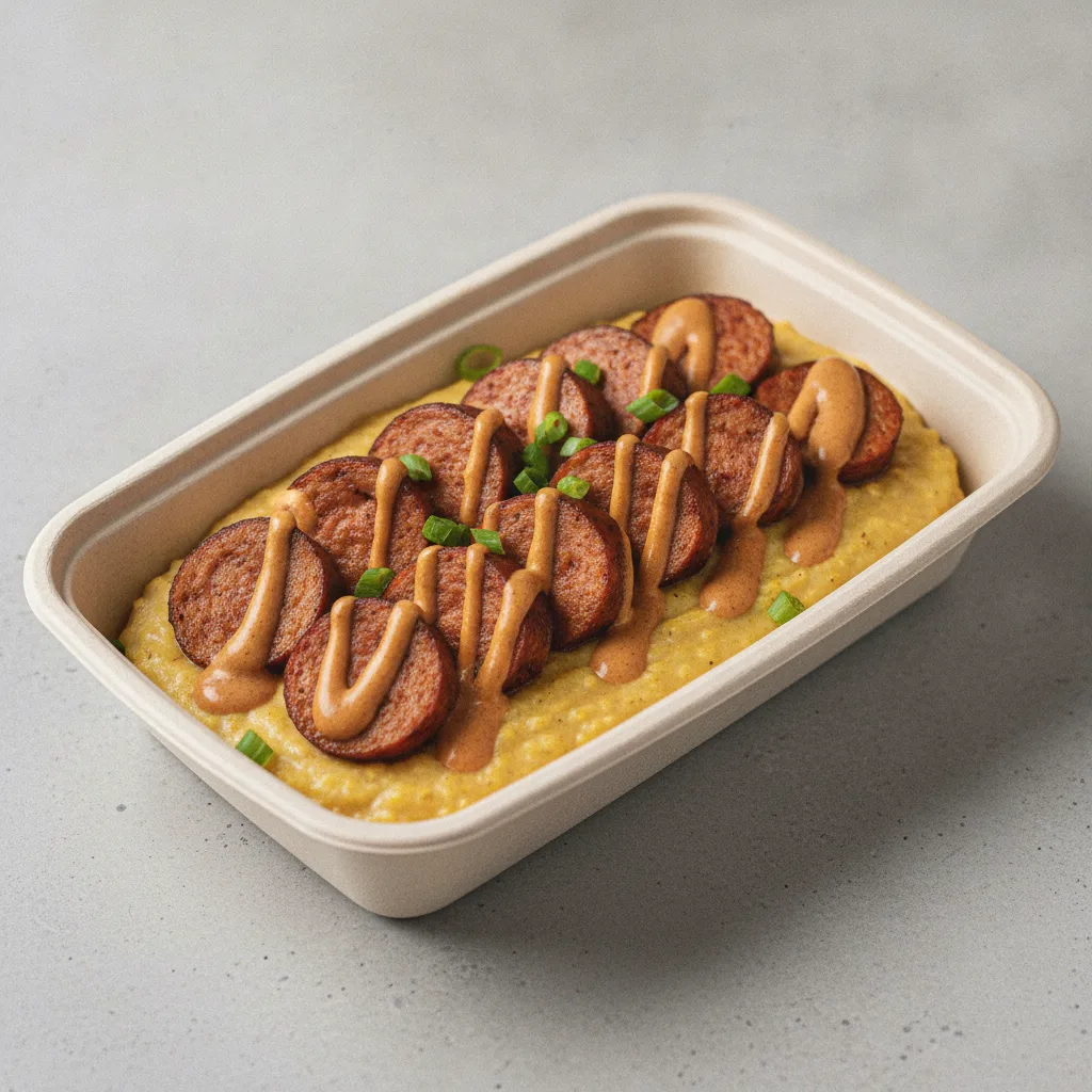 Coconut Curry Grits Box - Green Onion , Chicken Sausage , Adobo Cream