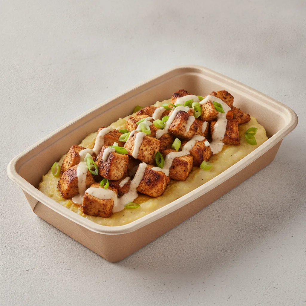 Coconut Curry Grits Box - Green Onion , Moroccan Chicken , Adobo Cream