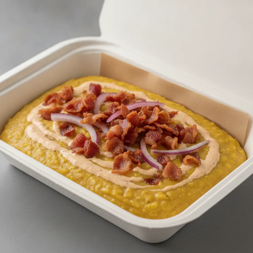 Coconut Curry Grits Box - Red Onion , Bacon , Adobo Cream