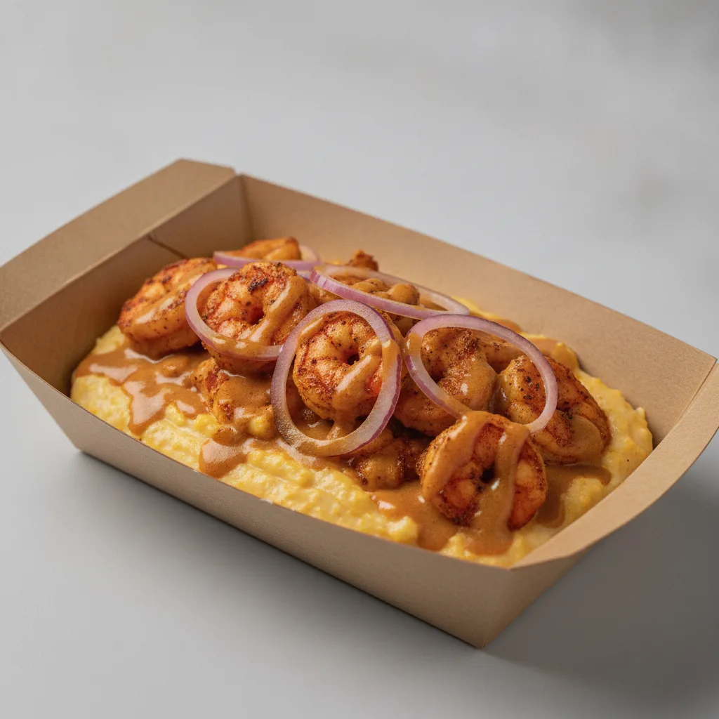 Coconut Curry Grits Box - Red Onion , Adobo Shrimp , Coconut Curry Sauce