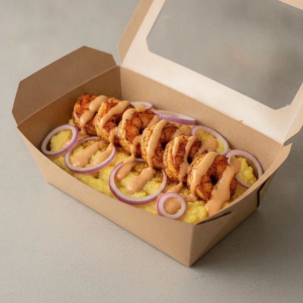 Coconut Curry Grits Box - Red Onion , Adobo Shrimp , Adobo Cream
