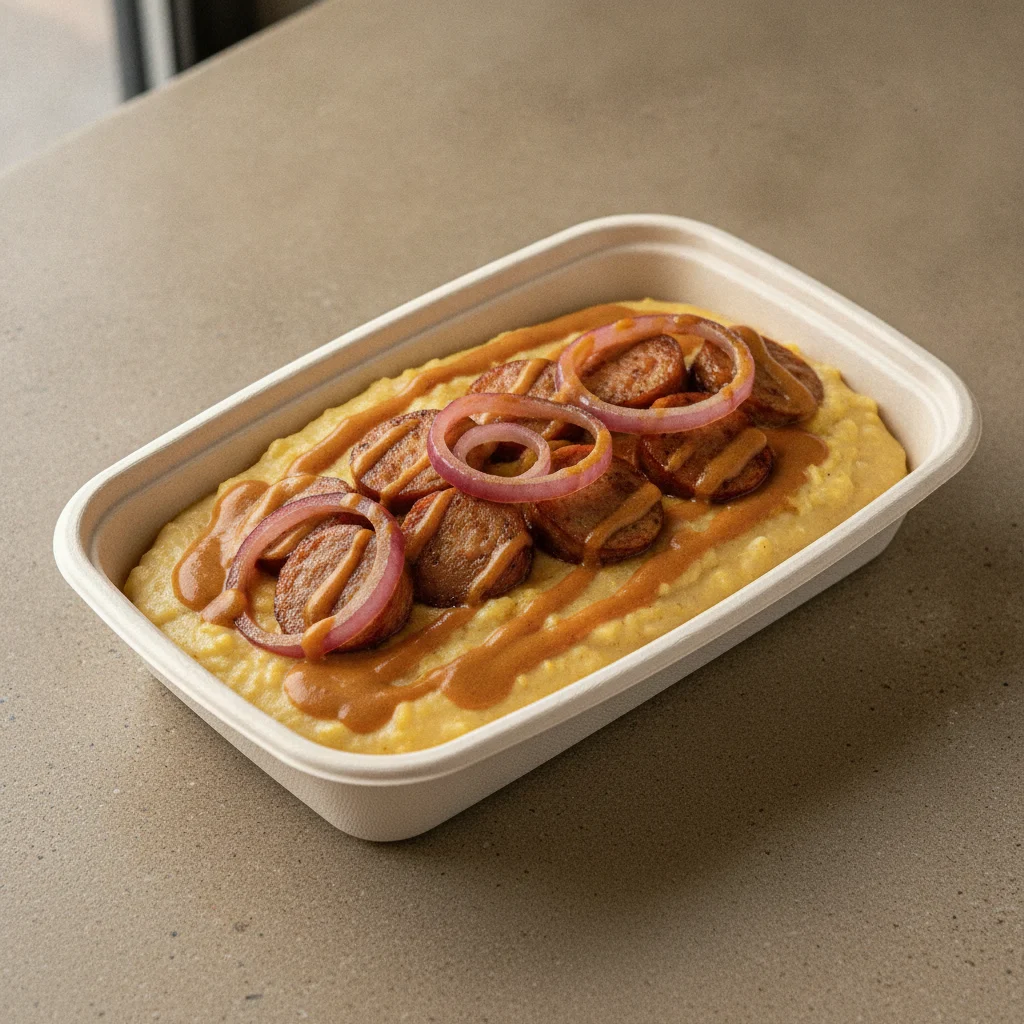 Coconut Curry Grits Box - Red Onion , Chicken Sausage , Coconut Curry Sauce