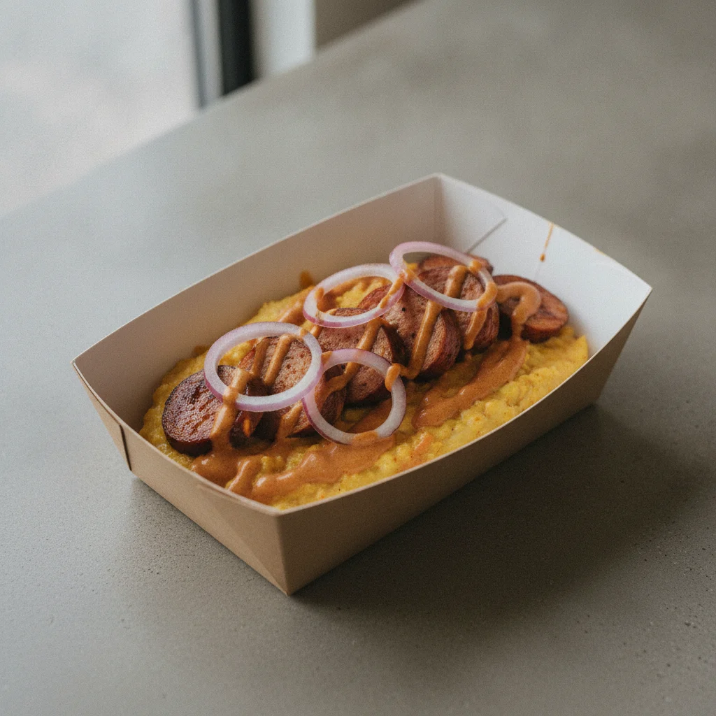 Coconut Curry Grits Box - Red Onion , Chicken Sausage , Adobo Cream