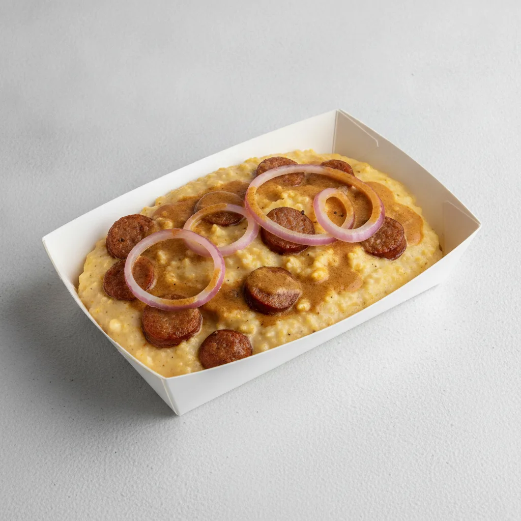 Coconut Curry Grits Box - Red Onion , Andouille Sausage , Coconut Curry Sauce