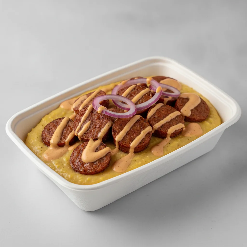 Coconut Curry Grits Box - Red Onion , Andouille Sausage , Adobo Cream