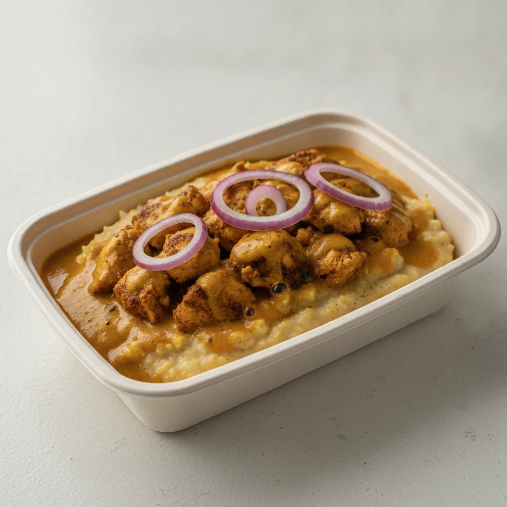 Coconut Curry Grits Box - Red Onion , Moroccan Chicken , Coconut Curry Sauce
