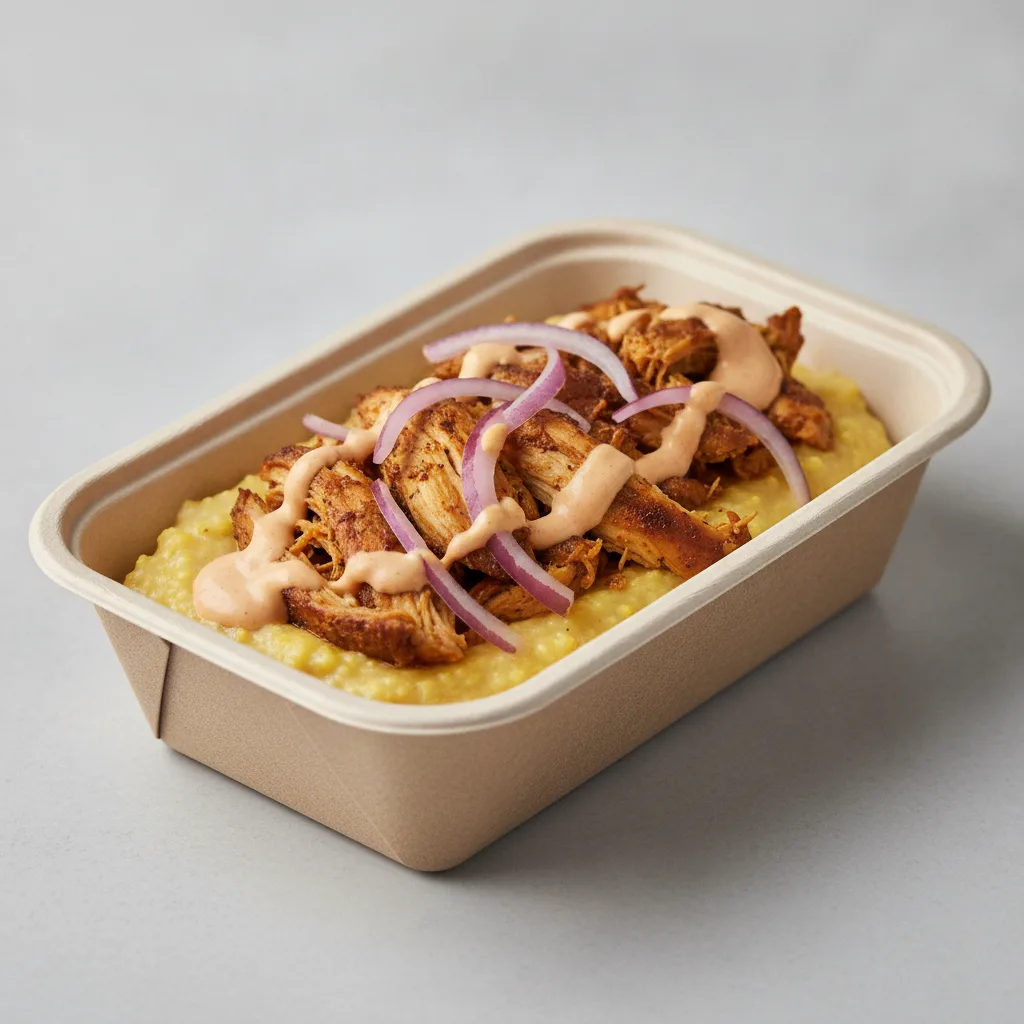 Coconut Curry Grits Box - Red Onion , Moroccan Chicken , Adobo Cream