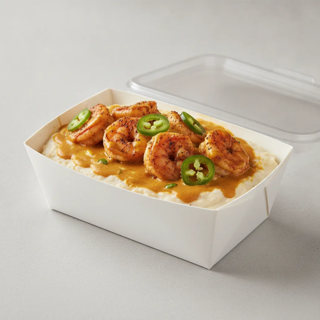 Coconut Curry Grits Box - Jalapenos , Adobo Shrimp , Coconut Curry Sauce