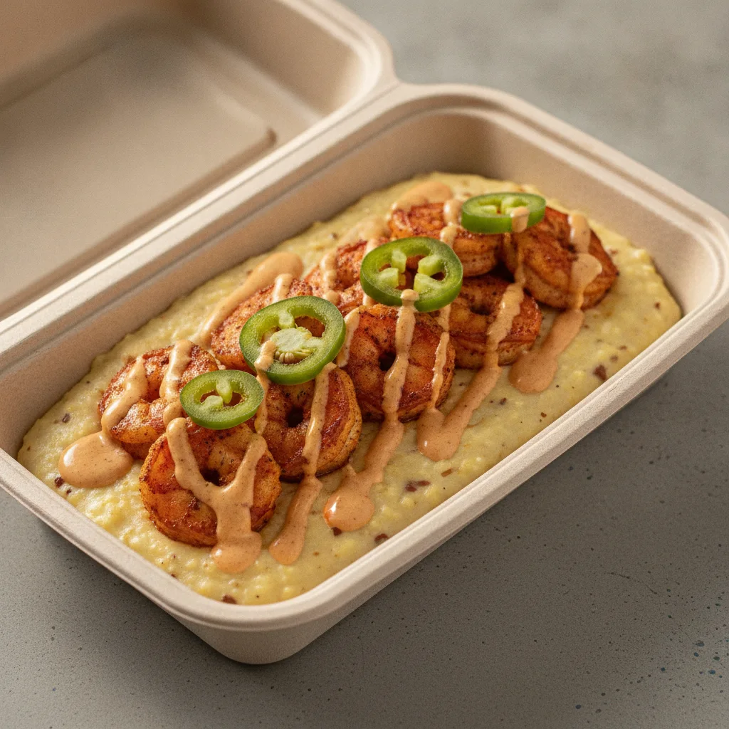 Coconut Curry Grits Box - Jalapenos , Adobo Shrimp , Adobo Cream