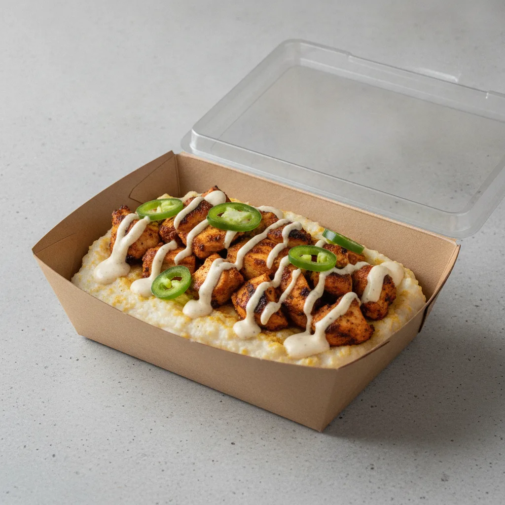 Coconut Curry Grits Box - Jalapenos , Moroccan Chicken , Adobo Cream