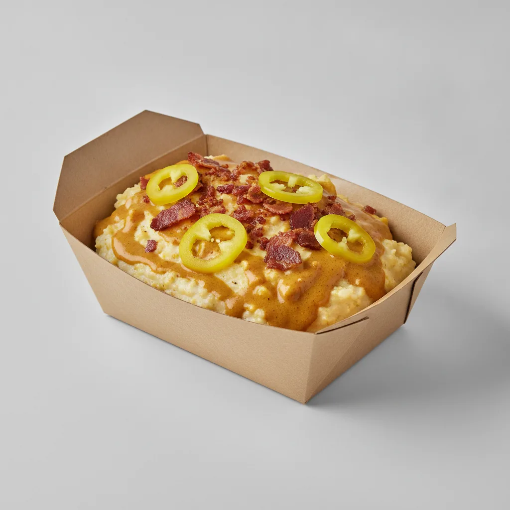 Coconut Curry Grits Box - Banana Peppers , Bacon , Coconut Curry Sauce