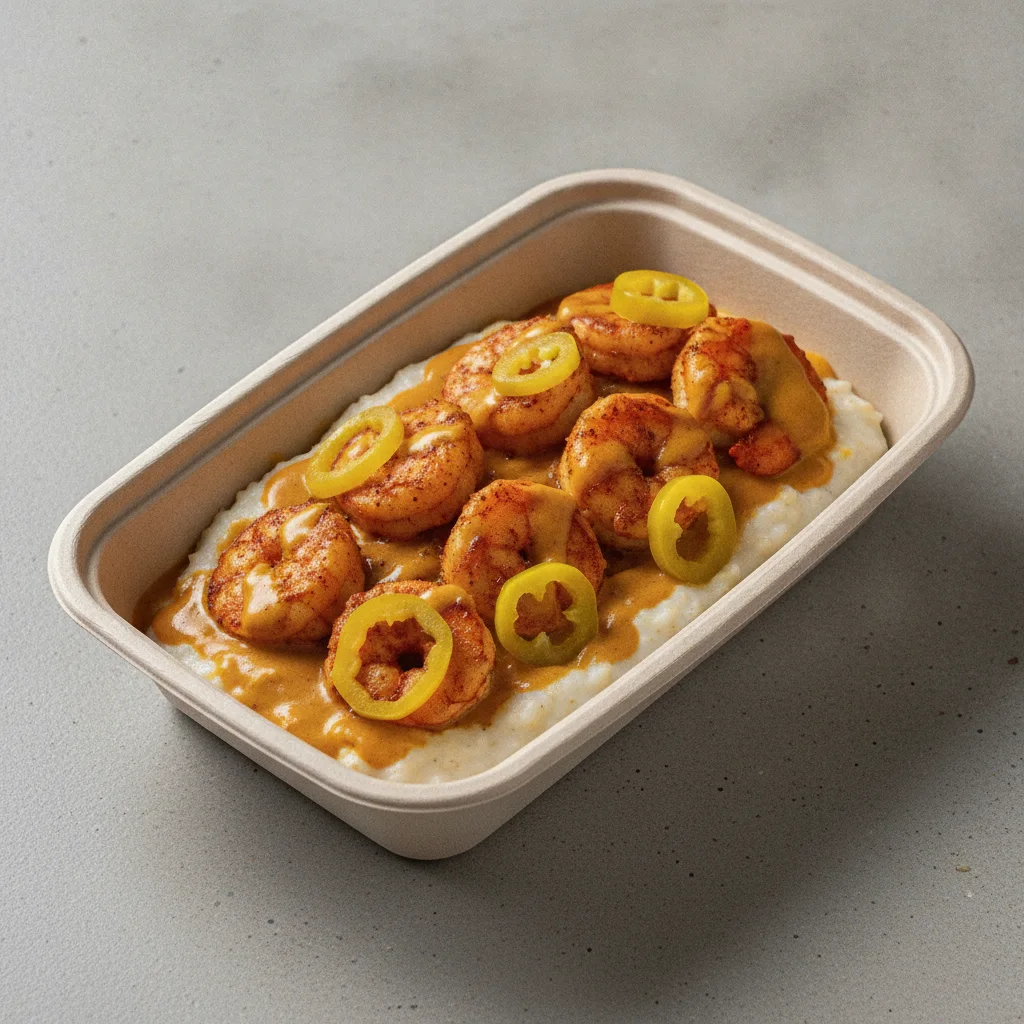 Coconut Curry Grits Box - Banana Peppers , Adobo Shrimp , Coconut Curry Sauce