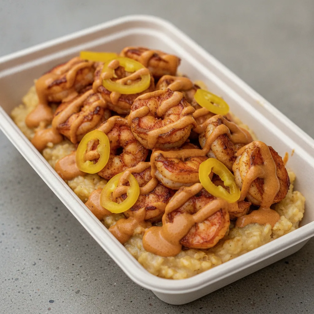 Coconut Curry Grits Box - Banana Peppers , Adobo Shrimp , Adobo Cream