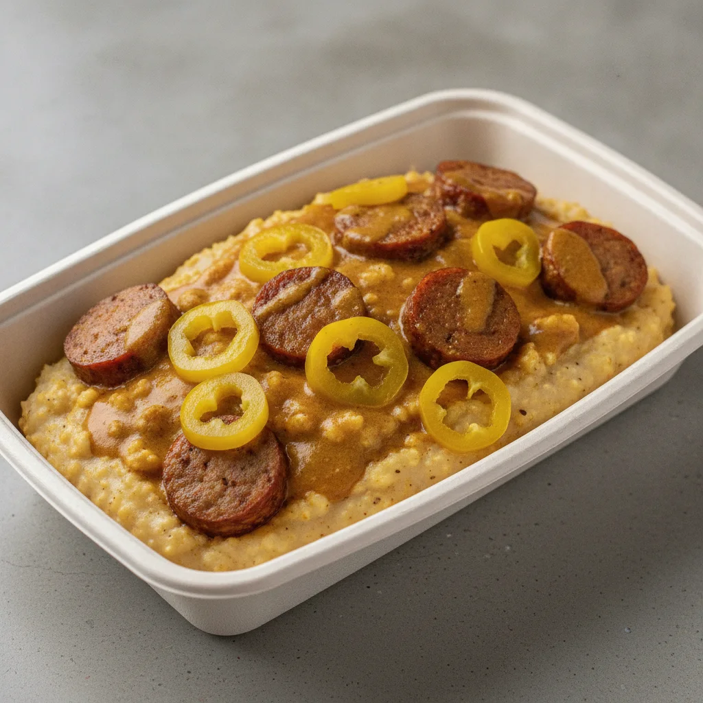 Coconut Curry Grits Box - Banana Peppers , Chicken Sausage , Coconut Curry Sauce