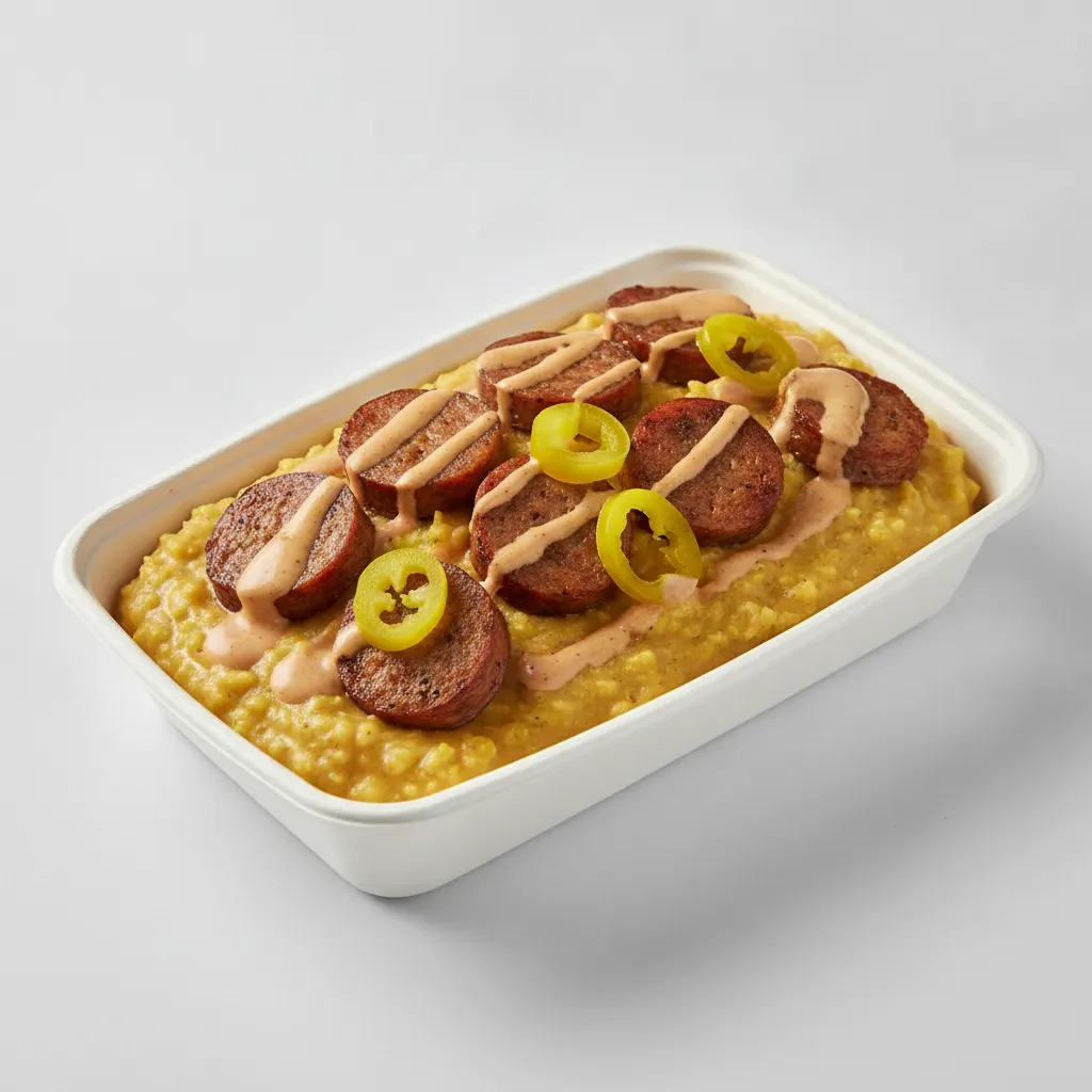 Coconut Curry Grits Box - Banana Peppers , Chicken Sausage , Adobo Cream