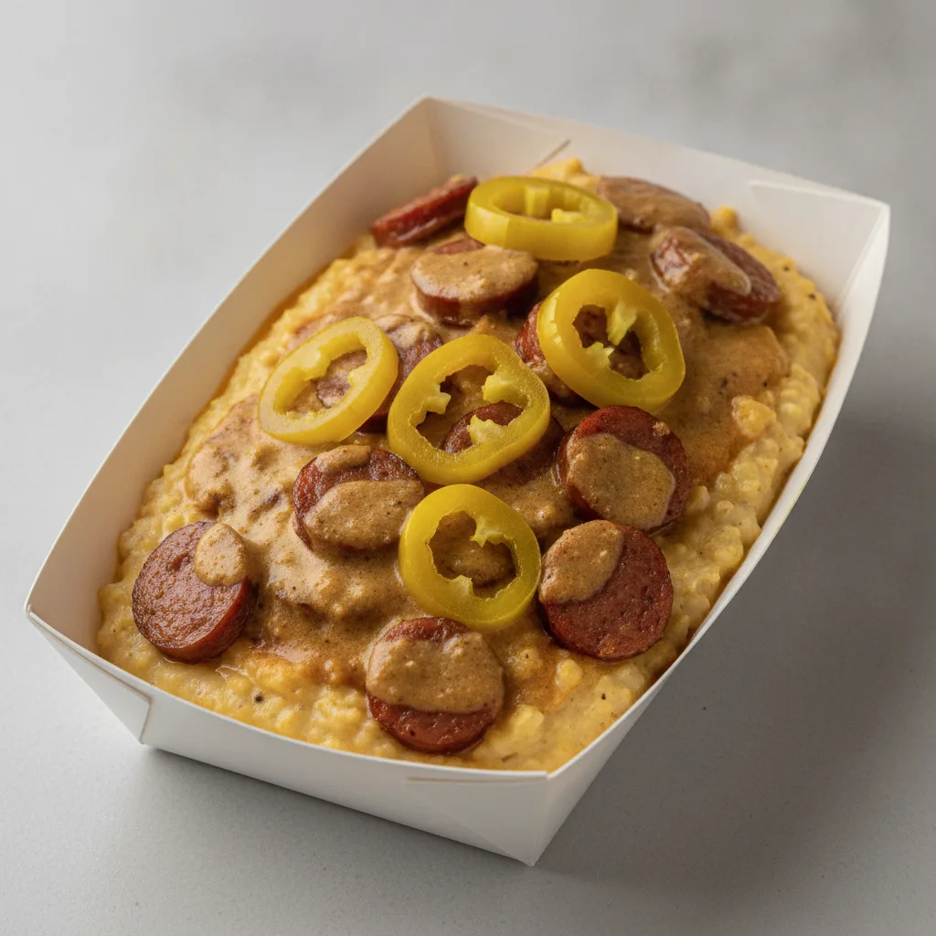 Coconut Curry Grits Box - Banana Peppers , Andouille Sausage , Coconut Curry Sauce