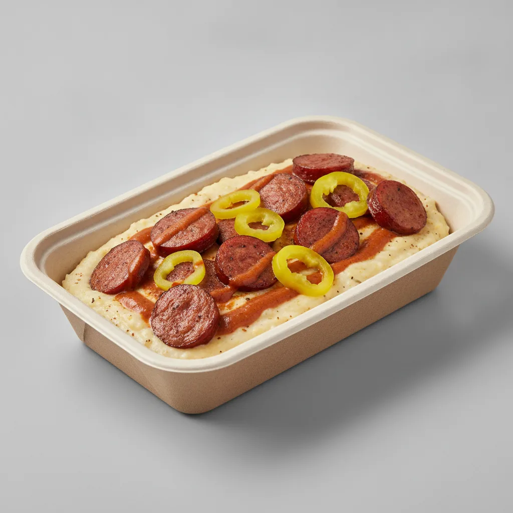 Coconut Curry Grits Box - Banana Peppers , Andouille Sausage , Adobo Cream