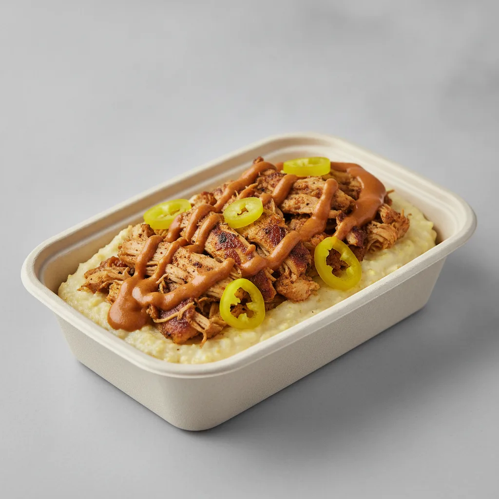 Coconut Curry Grits Box - Banana Peppers , Moroccan Chicken , Adobo Cream